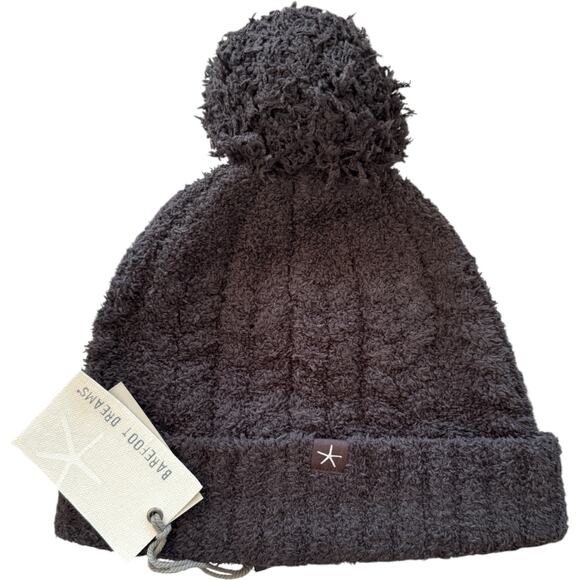 Barefoot Dreams CozyChic Cable Knit Beanie Pom Pom Hat Dark Brown One Size NWT - Picture 1 of 9